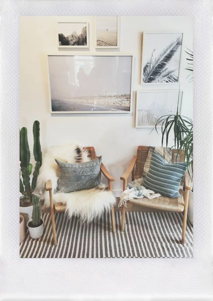 paint colors for living room, five photos framed in white frames, on a cream wall, two light wooden chairs, fluffy cream sheep's hide, blue and cream blanket, cacti and other plants in pots, on brown and cream striped rug