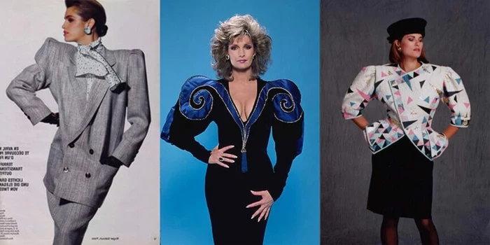 80s clothing, women wearing 80s suits, brunette with hair bun in grey suit with over-sized blazer and shoulder pads, blonde with feathery hair and dress with blue puffy sleeves, woman in over-sized colorful blazer and skirt