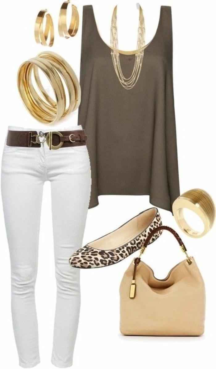 skinny white trousers and wide brown belt with golden clasp, plain golden bracelets and matching earrings, brown sleeveless top with golden necklace, animal print ballerina flats, next to pale brown bag and golden ring