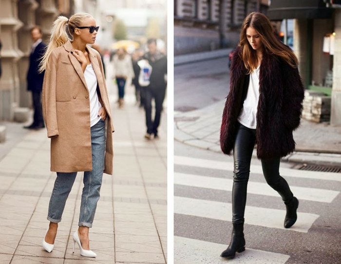 women's business attire, blonde woman with big camel brown coat over jeans and t-shirt, brunette with black leather pants and large purple coat