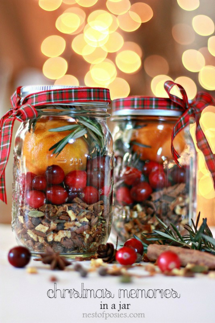 xmas gifts, two clear mason jars, screw-top lids tied with tartan ribbons, containing oranges cinnamon cranberries nutmeg pine needles, star anise and cranberries in foreground blurred background