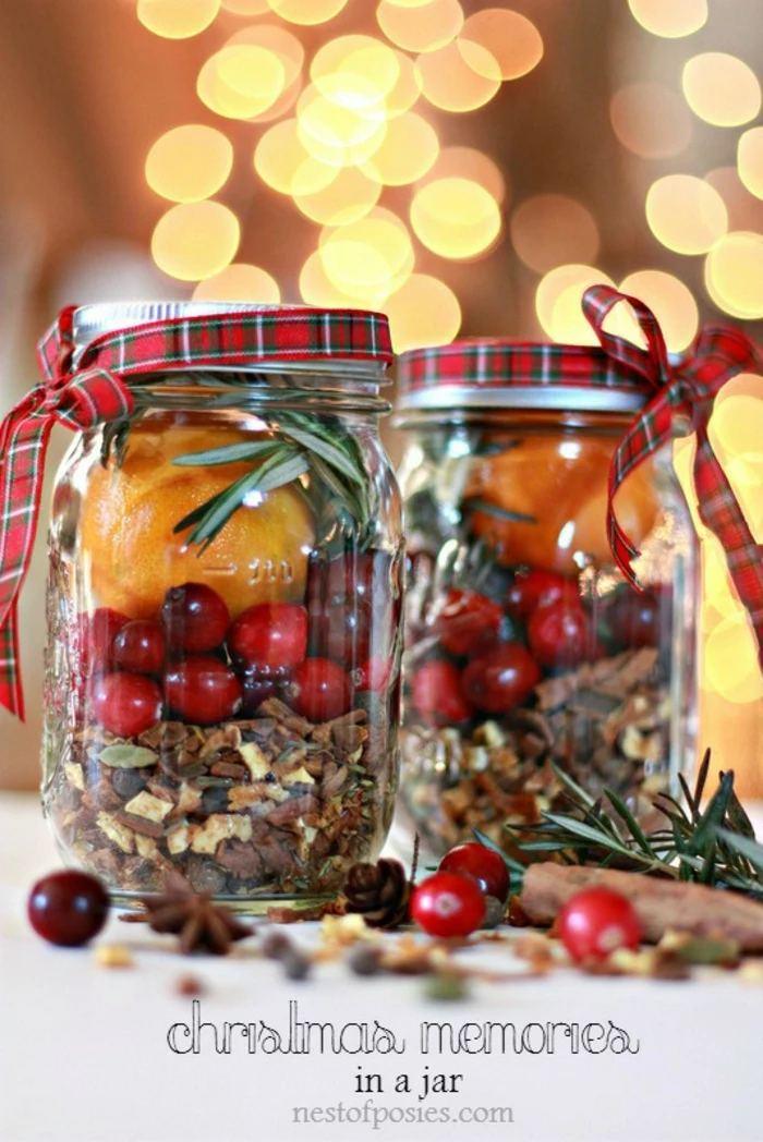 xmas gifts, two clear mason jars, screw-top lids tied with tartan ribbons, containing oranges cinnamon cranberries nutmeg pine needles, star anise and cranberries in foreground blurred background