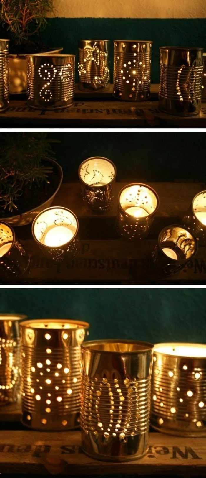 several luminaries made from tin cans with holes forming patterns, small candles placed inside them, close up of the patterns
