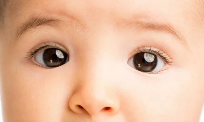 baby eye color, extreme close up of asian baby with black eyes, tiny nose and surprised-looking eyebrows