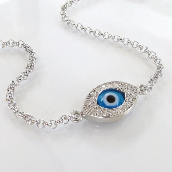 baby eye color, bracelet with silver chain, featuring charm with blue stone looking like an eye