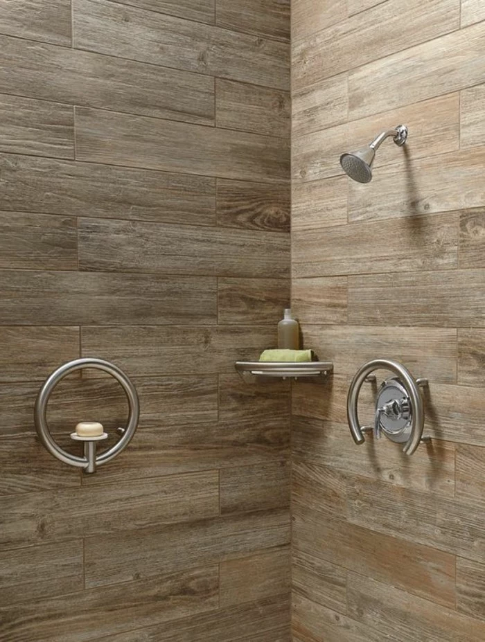 bathroom makeovers, shower cabin with wooden panels, metal shower and round water tap, 