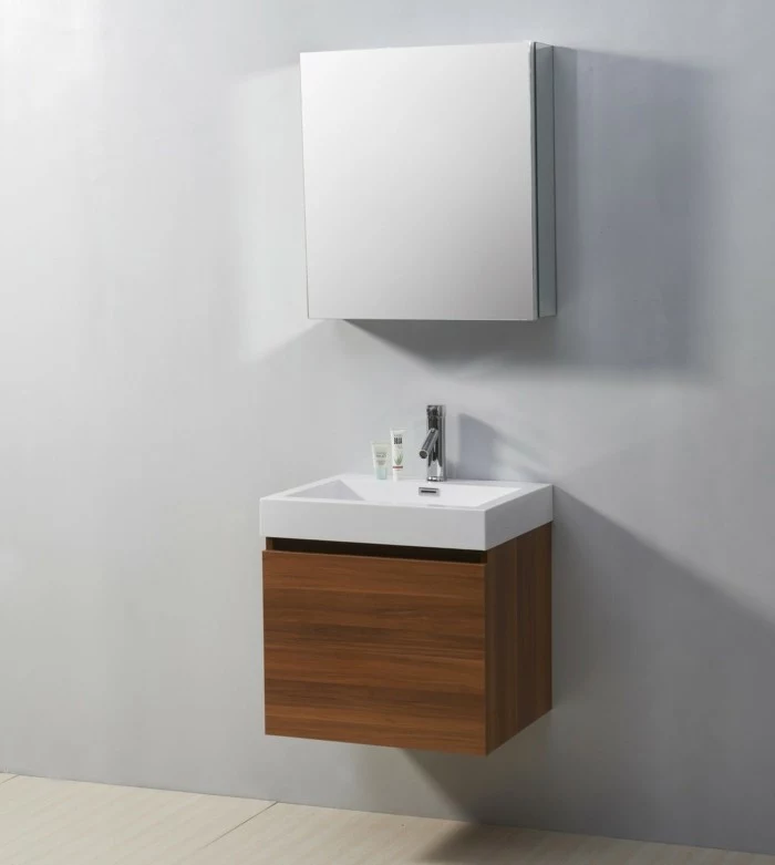 bathroom design ideas, pale grey wall, small wooden cupboard with white sink, mirrored cupboard above