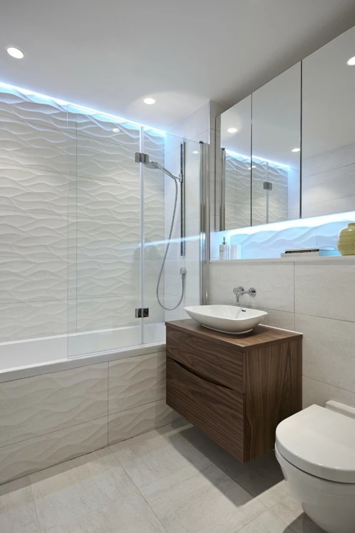 bathroom renovations, white textured wall, pale cream floor tiles, mirrored cupboards and ceiling lights 
