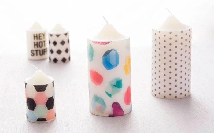 best friend christmas gifts, five handmade candles, decorated with decoupage, with colorful and black and white patterns