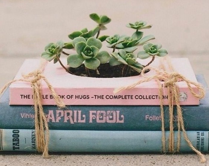 best friend birthday gifts, flower pot made from three books in pastel blue and pink, tied with string, and containing some planted succulents