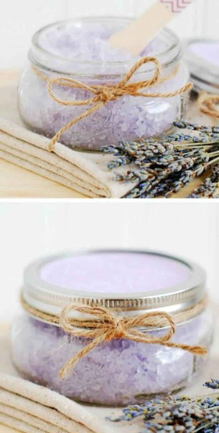 best friend christmas gifts, two images of small glass jar, with and without lid, tied with plain string, containing pale violet sugar scrub, placed near a bunch of lavender