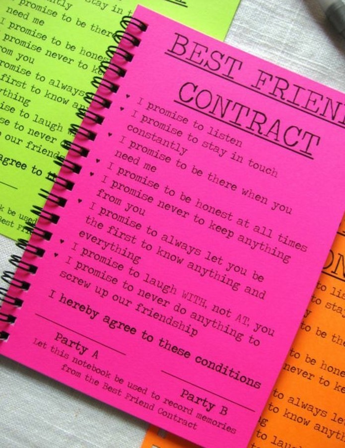 long distance friendship gifts, three note books in pink, green and orange neon colors, cover says best friend contract