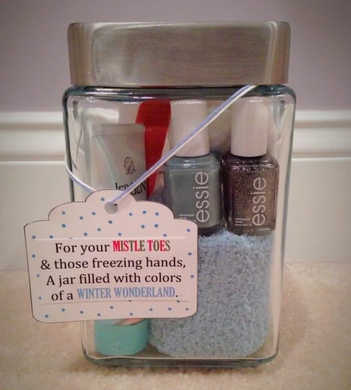 best friend christmas gifts clear jar with silver colored lid containing nail polish cream and a small towel decorated with festive message