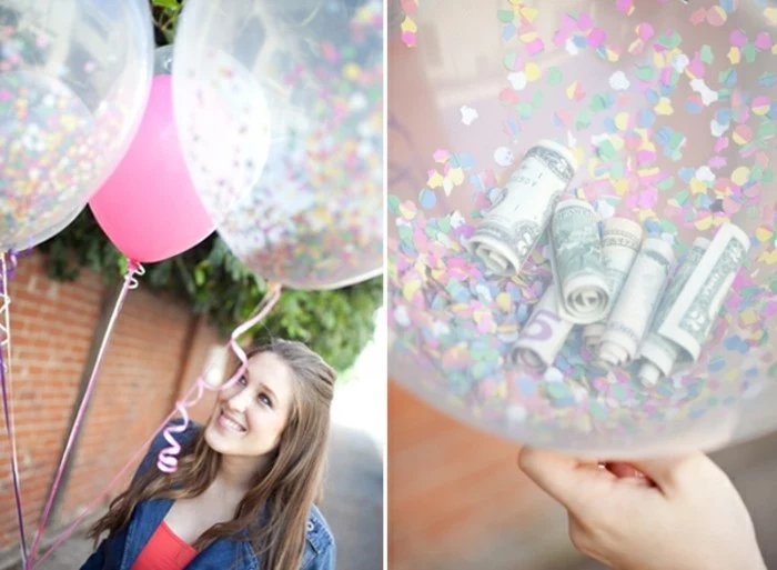 cool gifts for teens, smiling brunette woman, holding a pink balloon and two clear balloons filled with confetti, close up of one of the clear balloon reveals several rolled-up dollar bills inside