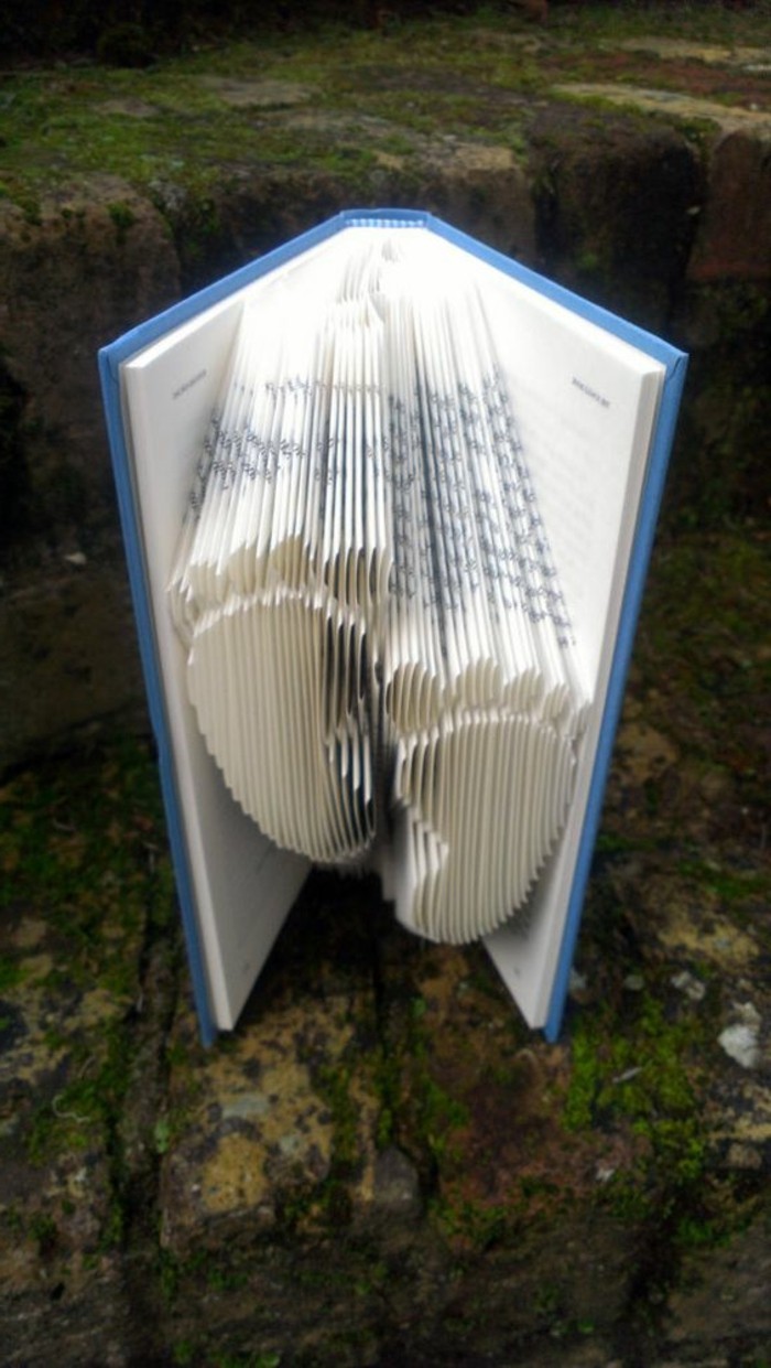 opened book with blue hard covers, containing two baby footprints, made from folded pages, placed on green mossy stone