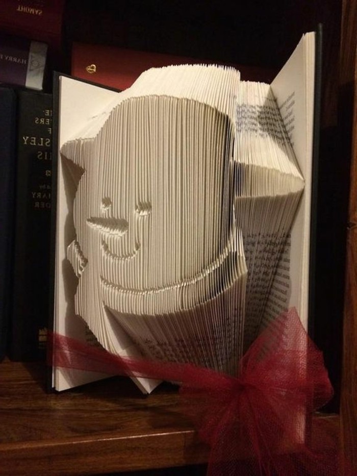 book folding patterns, opened book with black covers, tied with a sheer red ribbon, showing a smiling snowman's head, made from folded pages