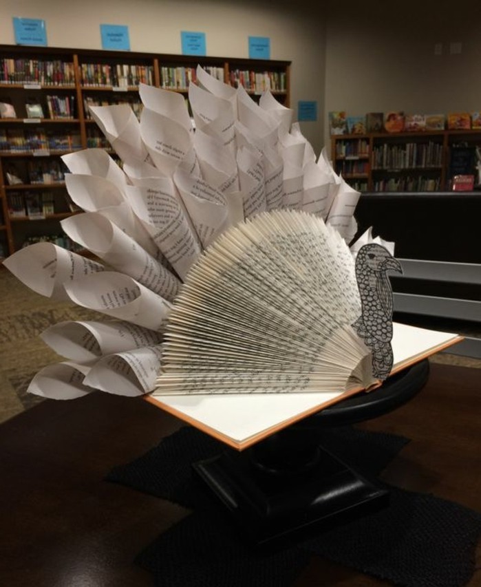 book folding, turkey decoration made from open book, with folded pages, decorated with paper cutouts, and twisted paper cones