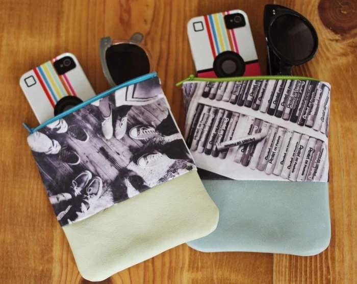 best friend gift ideas, two handmade leather pouches with zips, decorated with photos, sunglasses and phones with matching covers poking out
