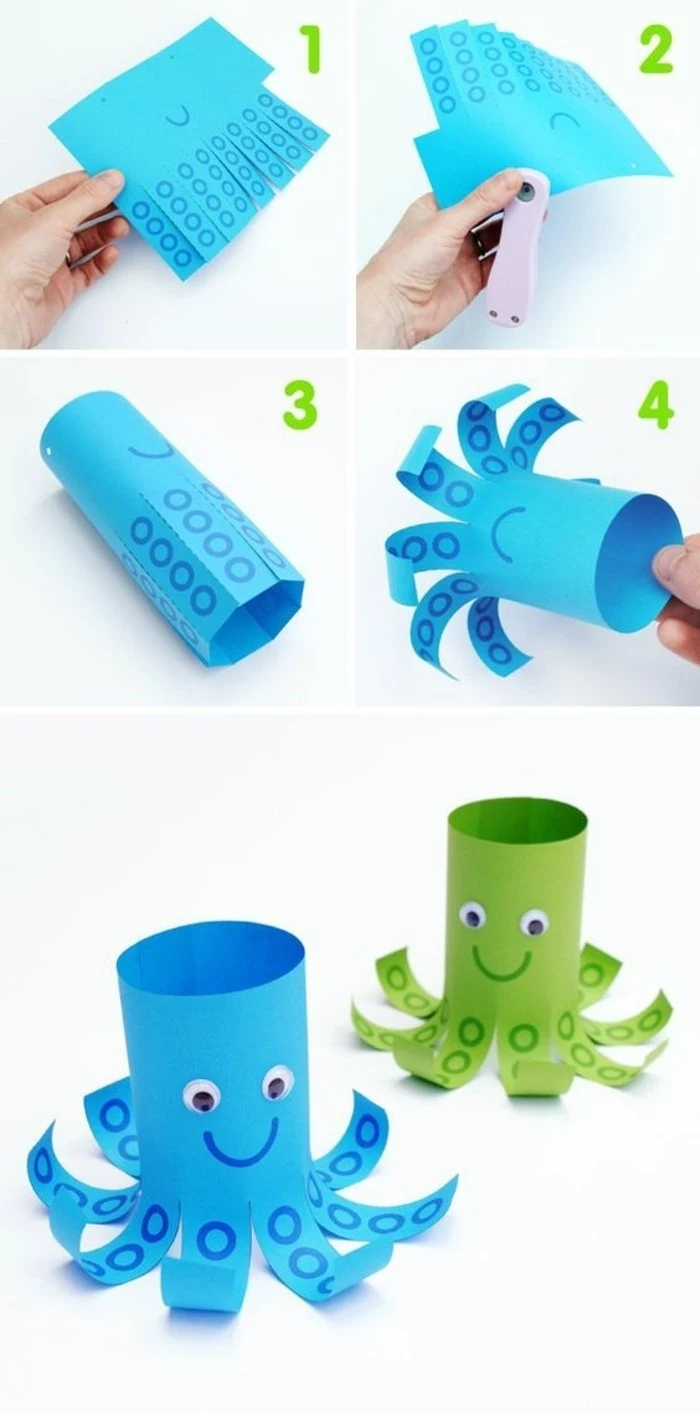 four images showing how to make an octopus paper decoration, step by step, two finished octopi in blue and green