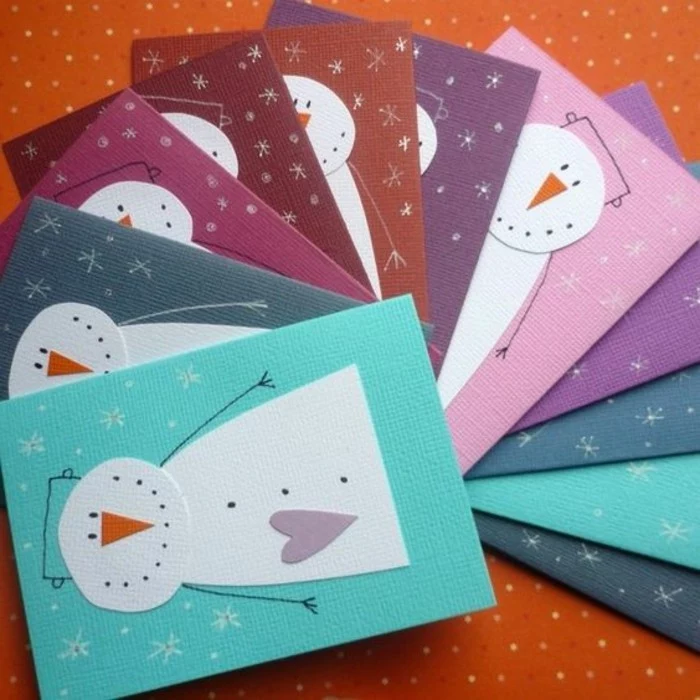 cool things to make at home, eleven cards made from cardboard in different colors, each decorated with snowman collage