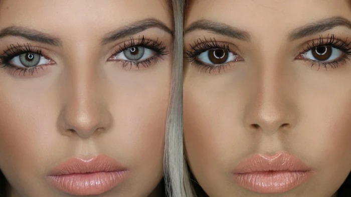 rarest eye color, close up of blonde female twins, with differently colored eyes, in grey and dark brown, wearing nude lipstick and blush