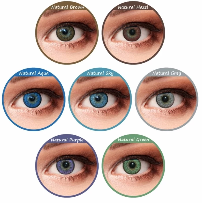 eye color chart, seven eyes with differently colored irises, each inscribed with the name of the specific shade