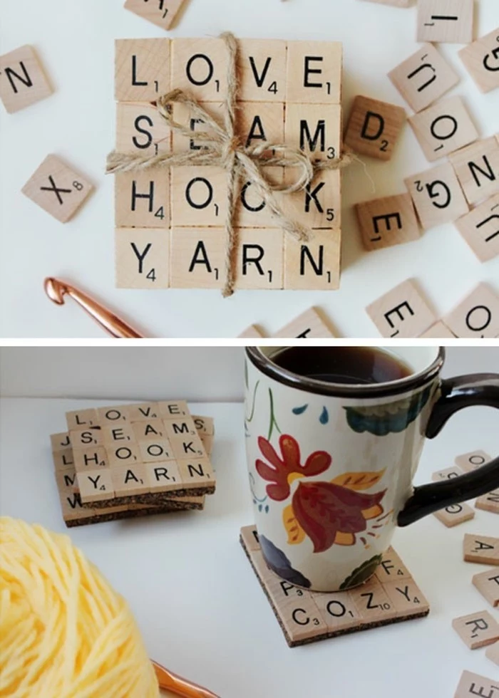 long distance friendship gifts, coasters made from scrabble letter blocks stuck together, tied with plain string, near more loose tiles, bottom photo shows mug placed on one of the coasters