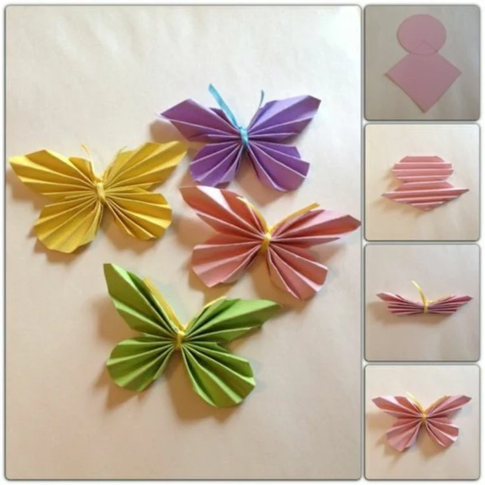 diys to do with friends, four origami butterflies made from yellow and pink, violet and green folded paper, three photos on the side show the folding process step by step