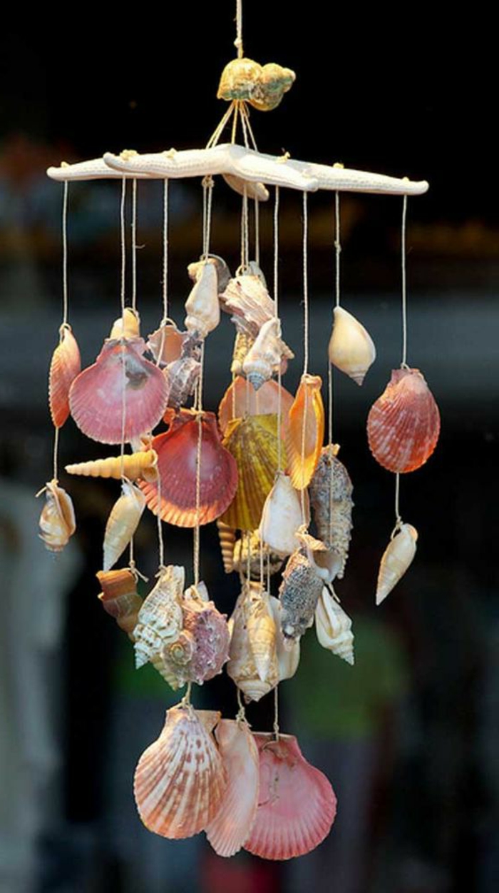 diys to do with friends, many differently shaped, colored and sized seashells, tied to a large dry starfish, to form a wind chime