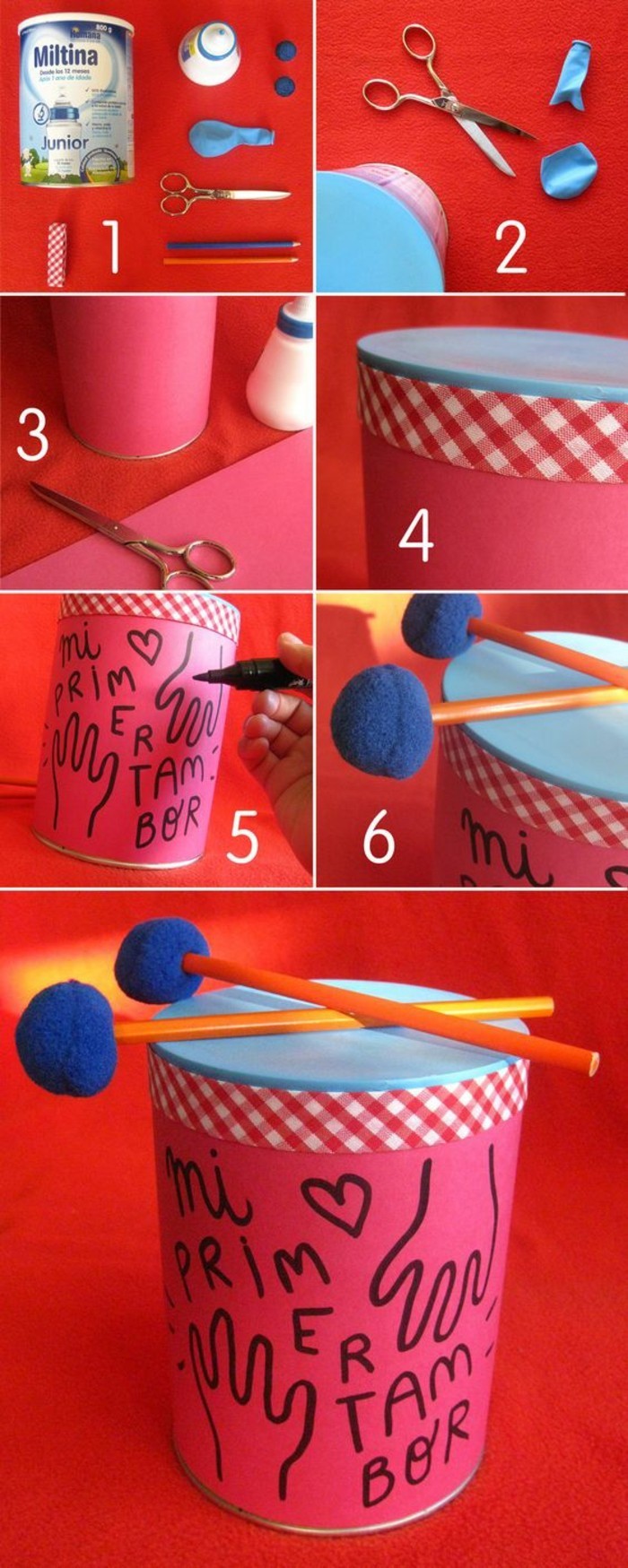 tin cans for crafts, toy drum made from large tin, covered with a piece of balloon, decorated with red paper, covered in writing and drawings