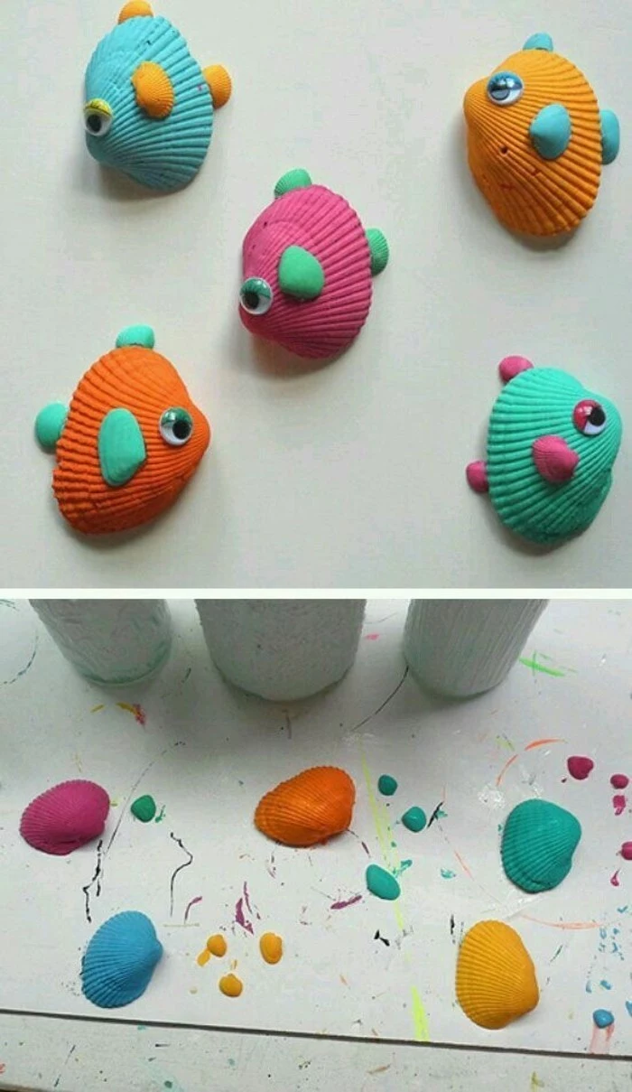 fun art projects, five fish made from shells painted in different colors, decorated with smaller shales and stick-on eyes