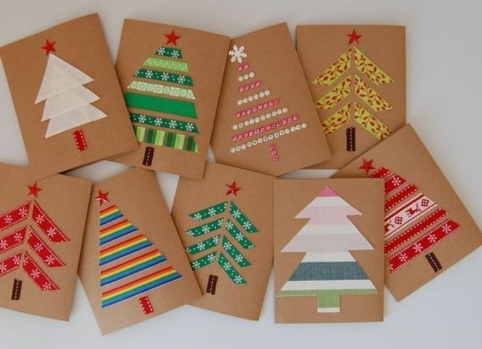 diys for your room, nine cards made from brown cardboard, decorated with christmas tree shapes, made with beads and washi tape in different colors