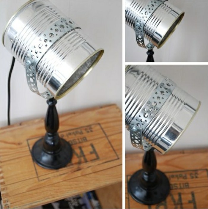 tin cans, small projector desk lamp made from aluminium can, with black wooden stand and metal details