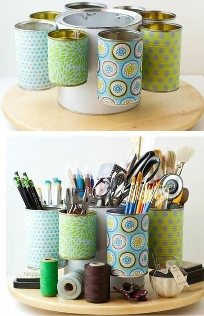 tin can projects, stationary organizer made from several tins, all decorated with different pieces of multicolored patterned paper, containing different stationary 