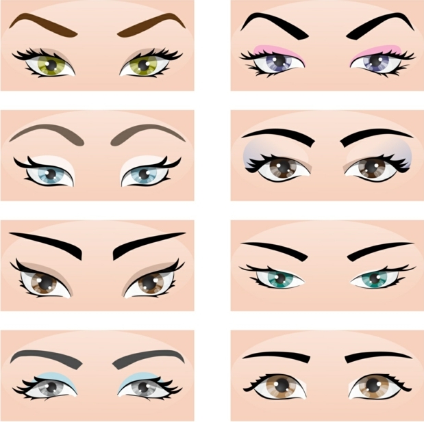 eye color chart, eight drawings of differently shaped and colored eyes, with various eyebrows and make-up