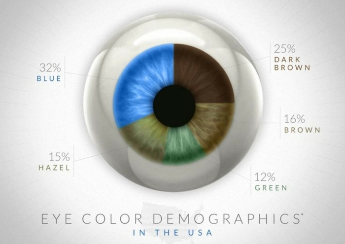 eye color chart, drawing of an eye with multicolored iris, specifying what percent of US citizens have blue, brown or dark brown, hazel or green eyes