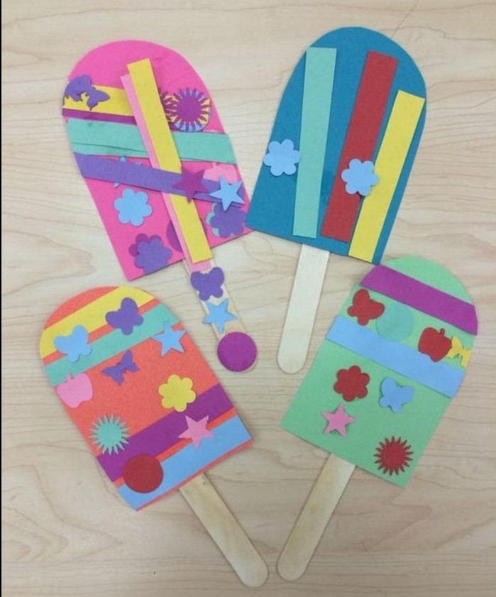 fun art projects, four ice creams made from colorful paper, decorated with multicolored cutouts, attached to ice cream sticks