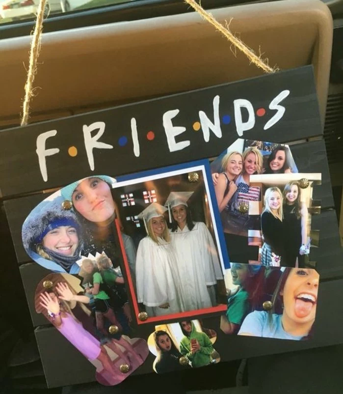 cool gifts for teens, black wooden board, decorated with the logo of the TV series Friends, and a photo collage showing several girls