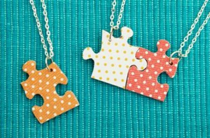 best friend birthday gifts, three pendants made from colorful jigsaw puzzle pieces, hanging on thin silver chains