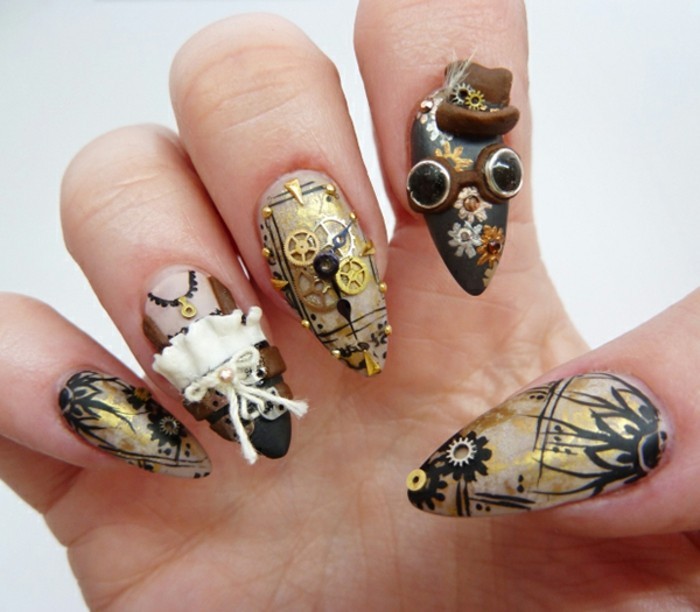 sharp nails with steampunk details, tiny gears and googles, top hat and lace details, in black and gold tones