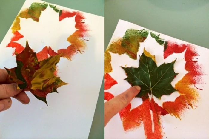 cool things to make at home, hand holding painted leaf over white peace of paper with leaf-shape, finger pressing the painted leaf over the paper