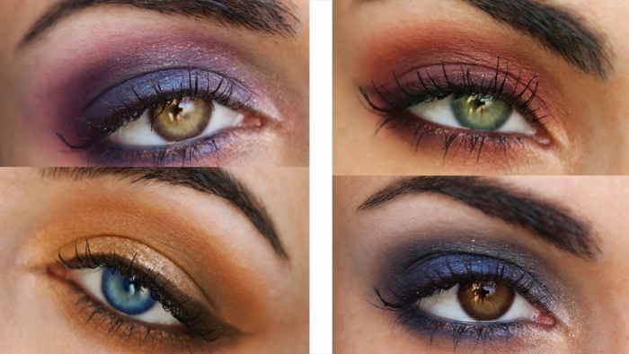 hazel eyes, four differently colored eyes, blue and green, light and dark brown, with bold make up in violet, red orange and blue