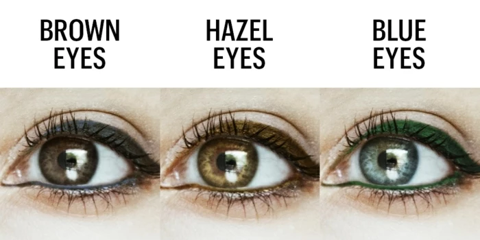 hazel eyes, three eyes in green, light and dark brown, with green light brown and black eye liner