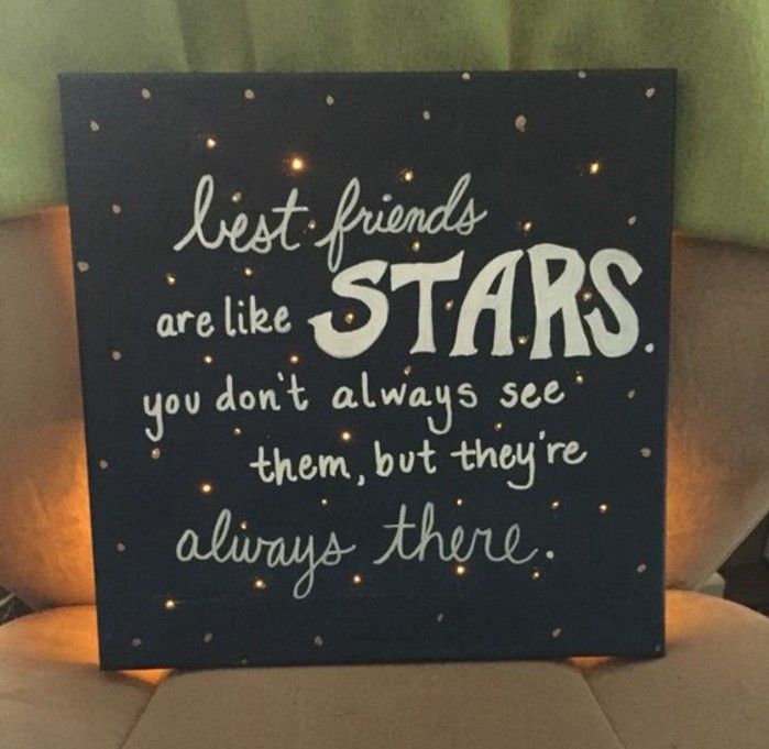 long distance friendship gifts, black board decorated with white writing, and glittering rhinestones