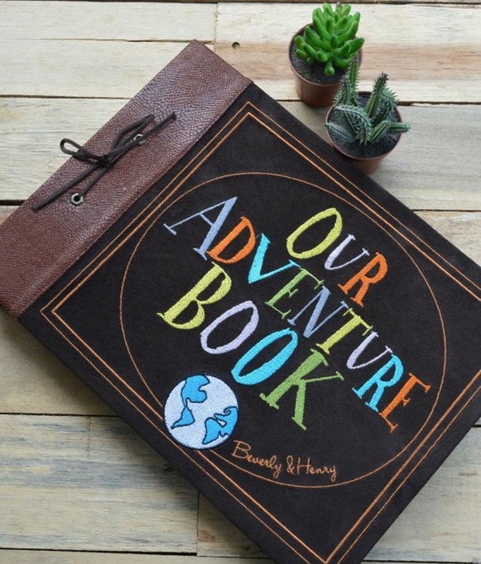 what to get your best friend for her birthday, large journal with brown leather covers, bound with a leather rope, decorated with colorful writing and small globe drawing