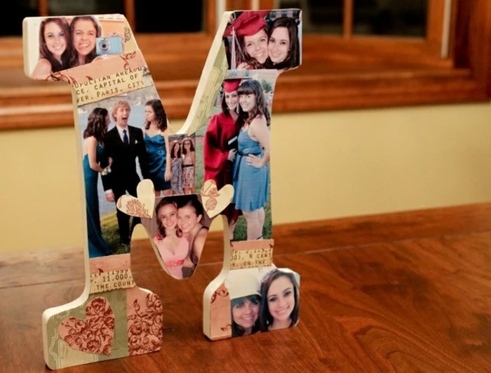 long distance friendship gifts, wooden cutout of the letter M, decorated with photo cutouts and hearts