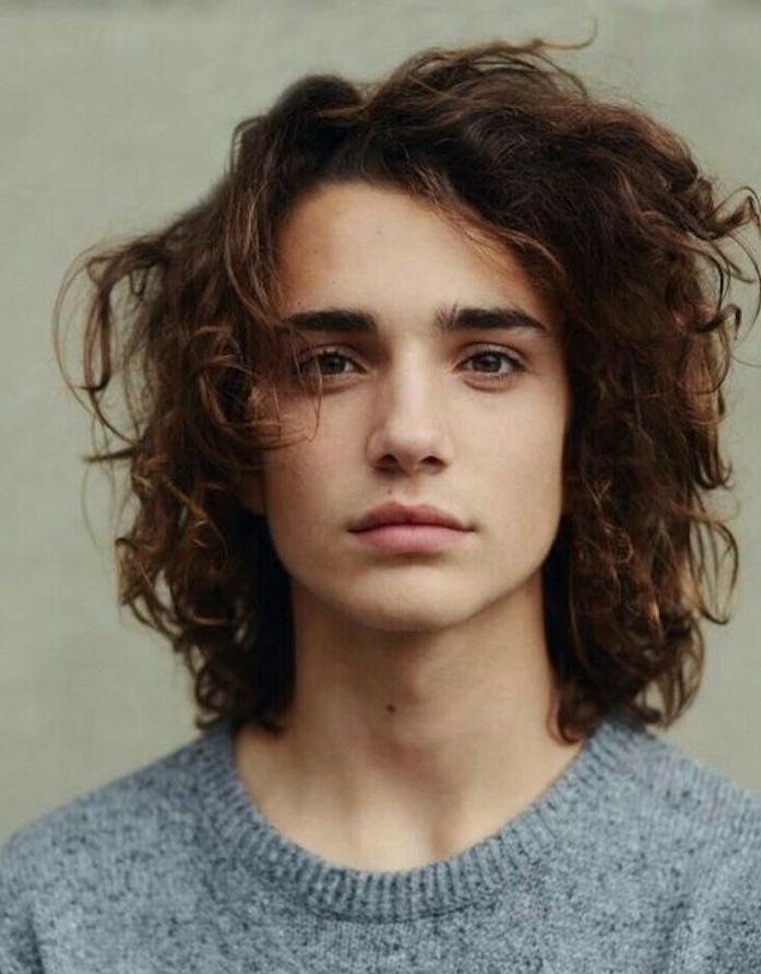 shoulder length hair, male teen with curly messy unruly hair, wearing grey sweater