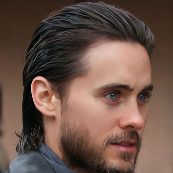 digital painting of Jared Leto, smiling with slicked back dark hair, beard and mustache