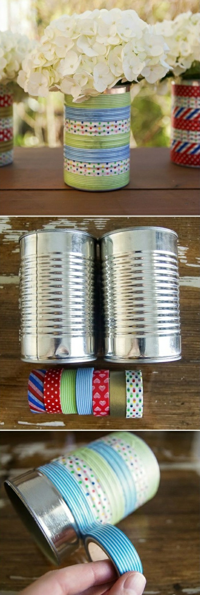 metal tin containers, several vases made from tins containing white hydrangeas, decorated with multicolored washi tape, had wrapping tape around a can