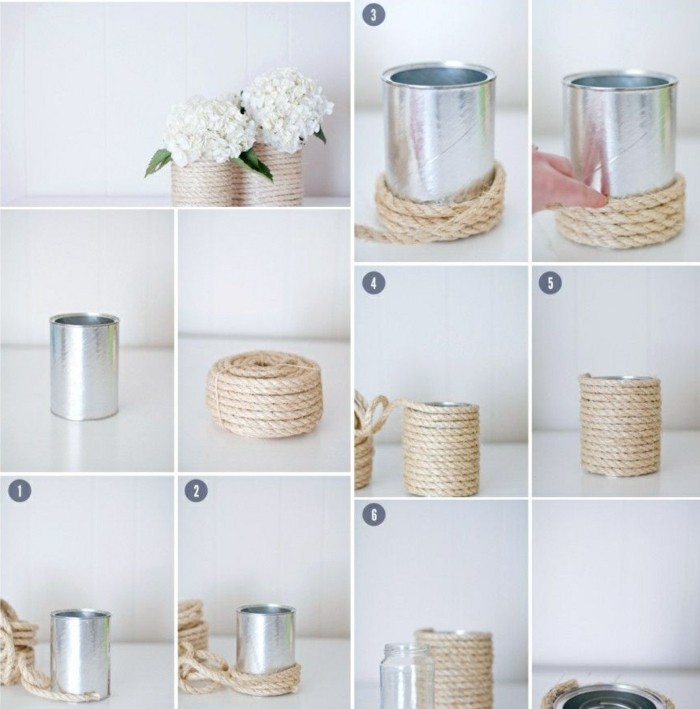 metal tin containers, two aluminium tins, decorated with string, containing white hydrangeas, step by step tutorial showing string being wrapped around a can